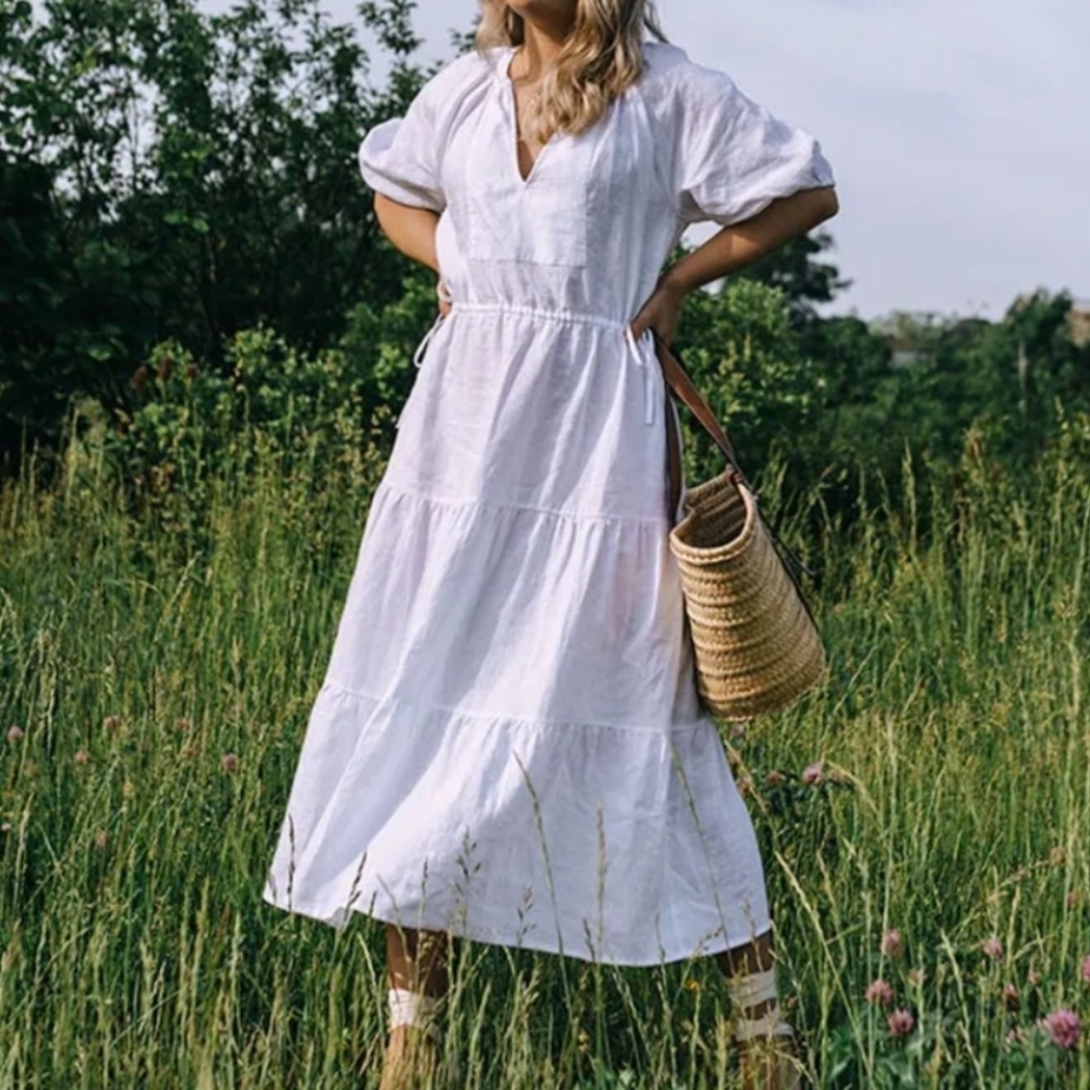 Aritizia Wilfred Decadence Organic Linen Puff Sleeve Tiered Midi Dress